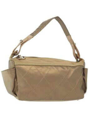 Authentic CHANEL Paris Biarritz Shoulder Bag Coated Canvas Beige Silver CC